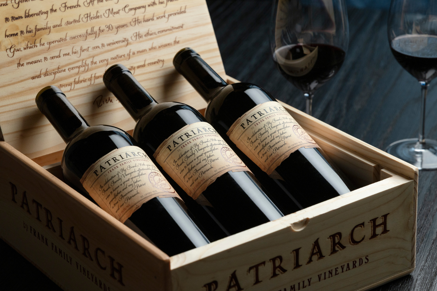Three bottles of 2021 Frank Family Vineyards Patriarch
