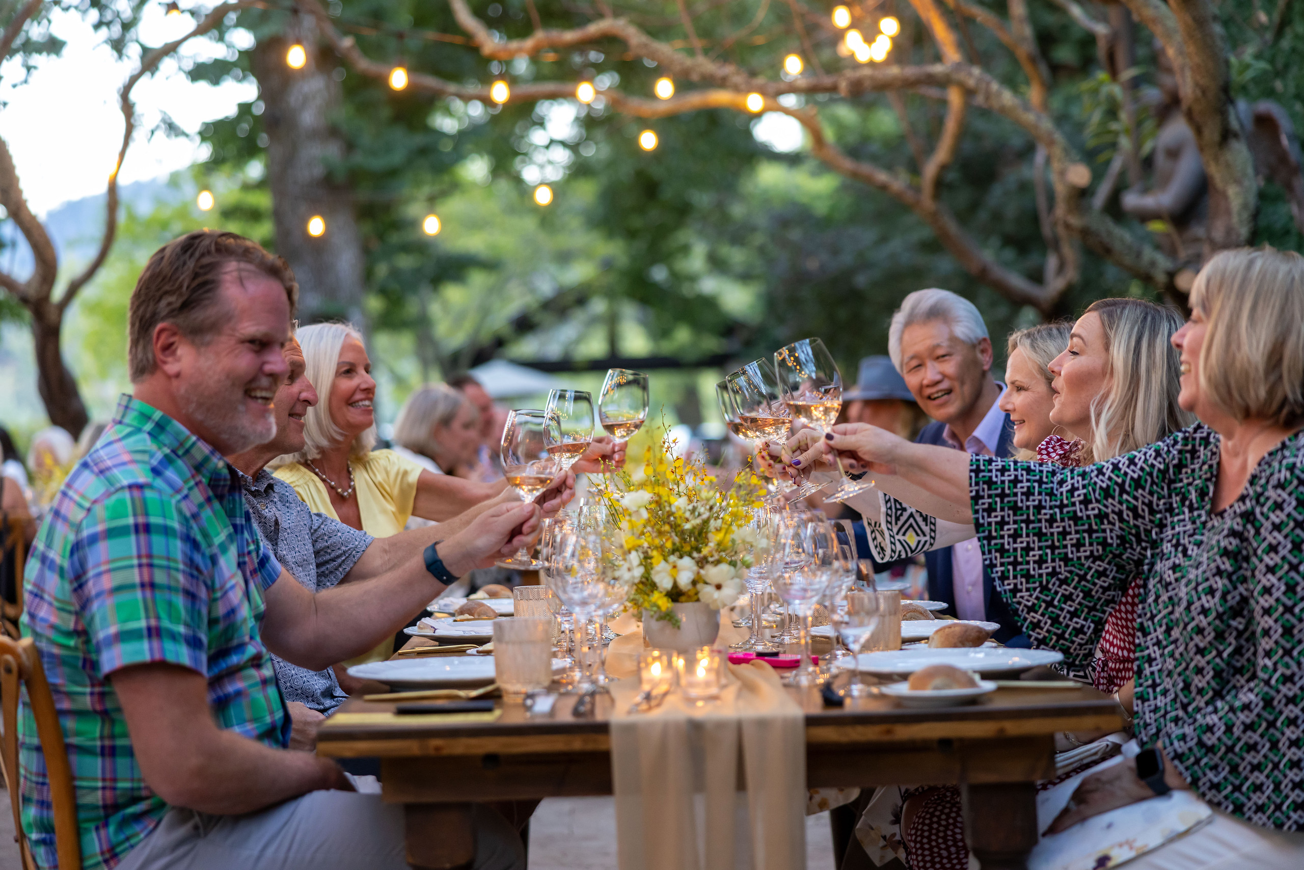 Guests cheersing wine glaasses at a set table