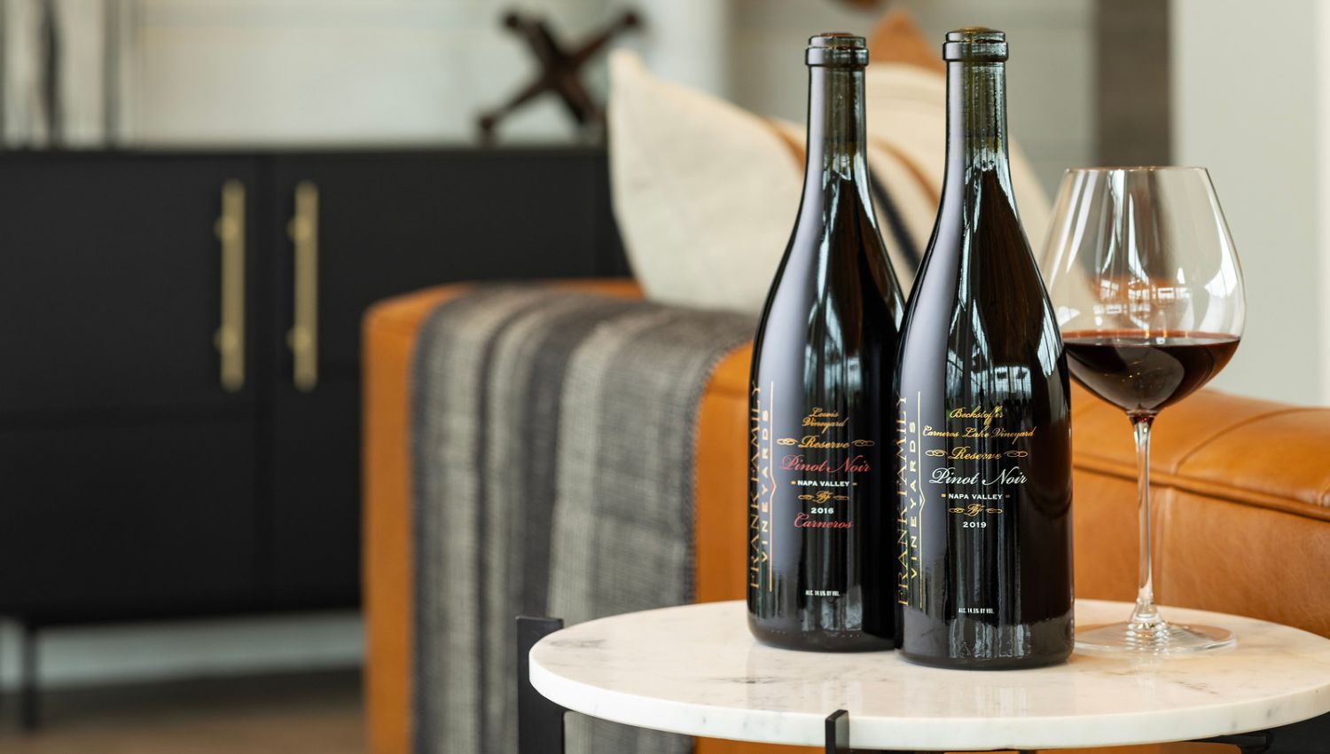 Frank Family's reserve pinot noirs inside the cozy Miller House.