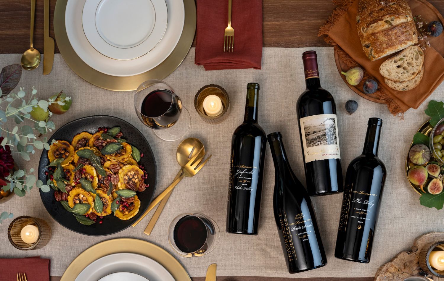 Four bottles of Reserve wine sitting on a holiday table